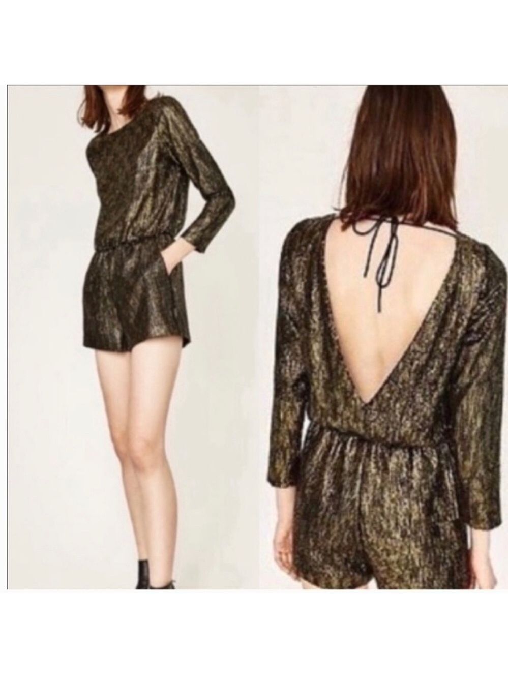 ZARA evening collection gold black metallic sequin long sleeve romper Sz XS